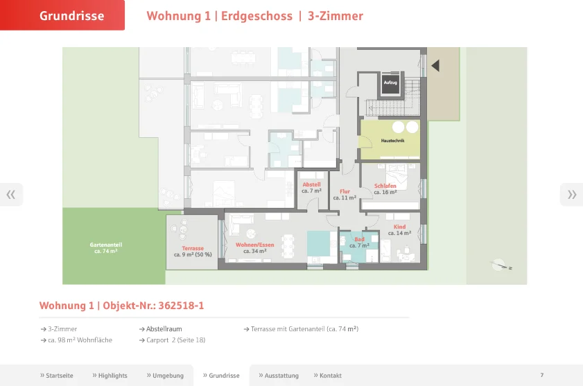 Information zu Wohnung 1 Erdgeschoss 98 m² + 74 m² Gartenteil