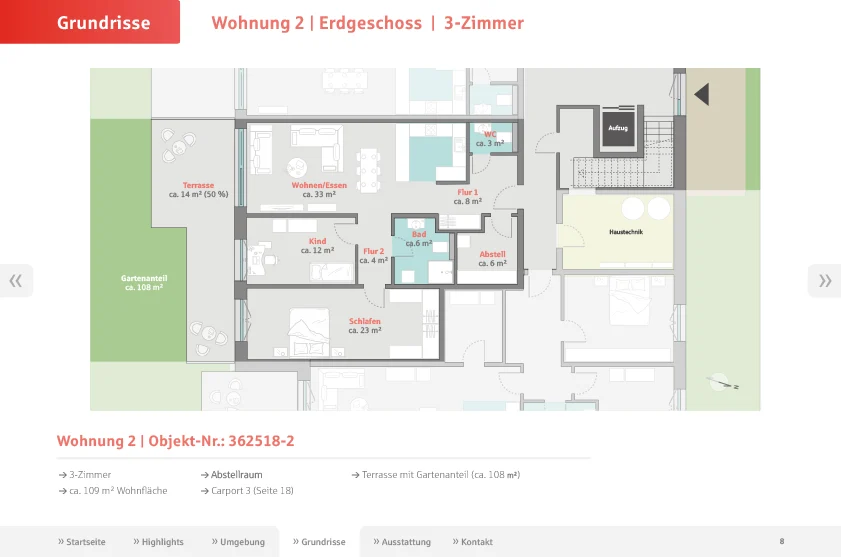 Information zu Wohnung 2 Erdgeschoss 109 m² + 108 m² Gartenteil