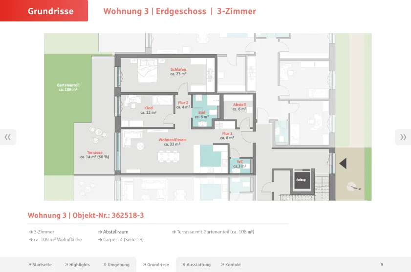 Information zu Wohnung 3 Erdgeschoss 109 m² + 108 m² Gartenteil